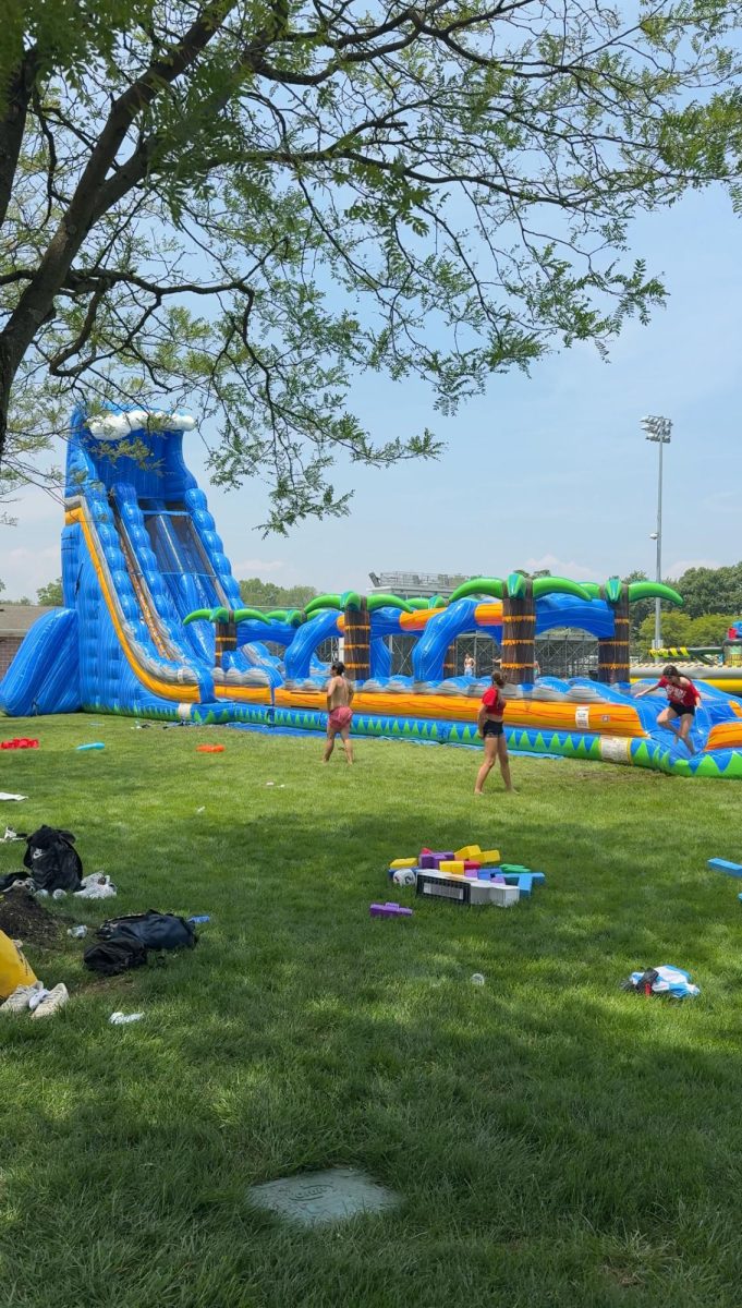 A twenty foot tall inflatable slide was errected for children to throw themselves down while their bellies were full of grilled meats.